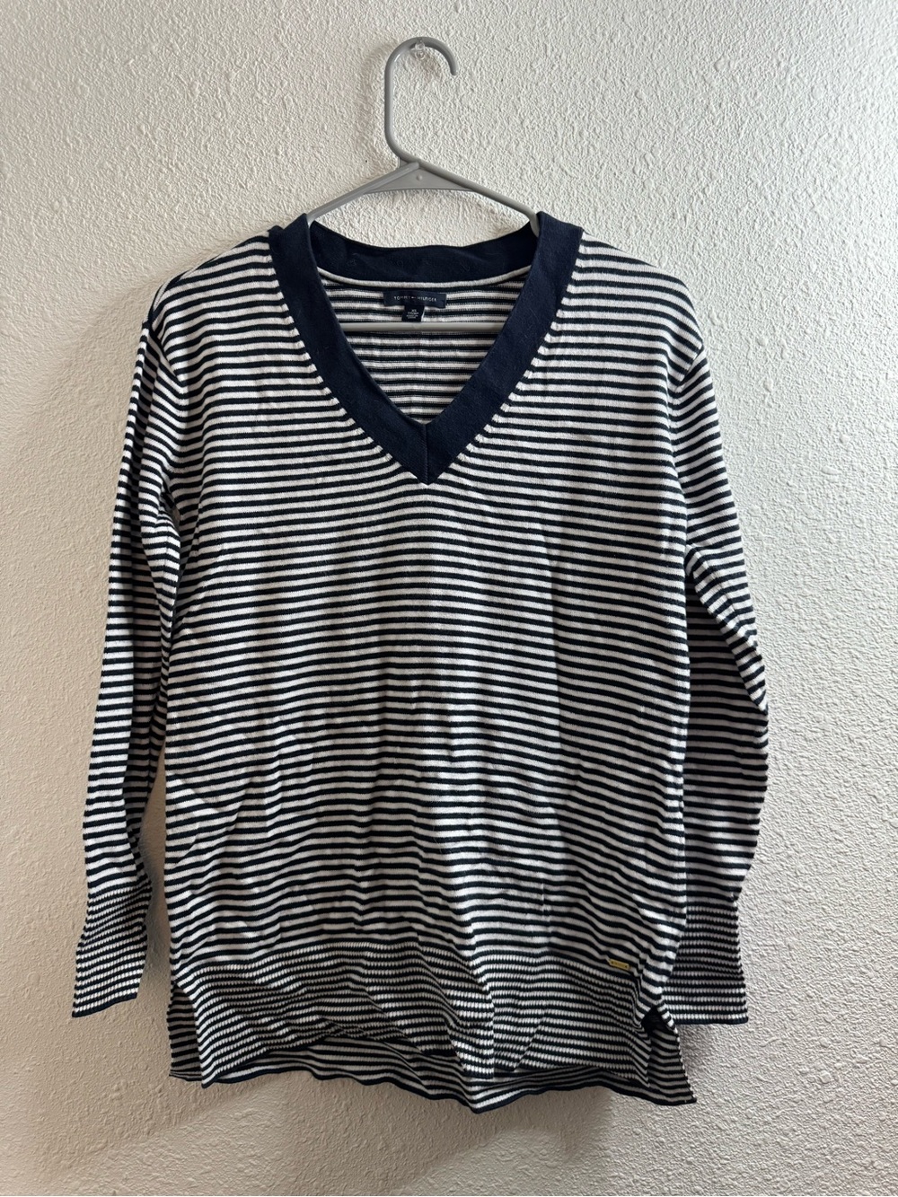 Tommy Hilfiger Navy & White Striped Knit V-Neck Top